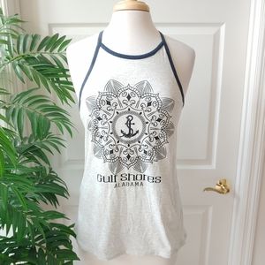 Gulf Shores Alabama Anchor Print Halter Tank Top White Blue Medium